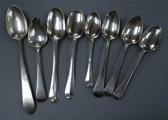 Seven assorted Georgian spoons including George I, London, 1717 and an Irish silver tablespoon, Dublin, 1795, 9.5 oz.